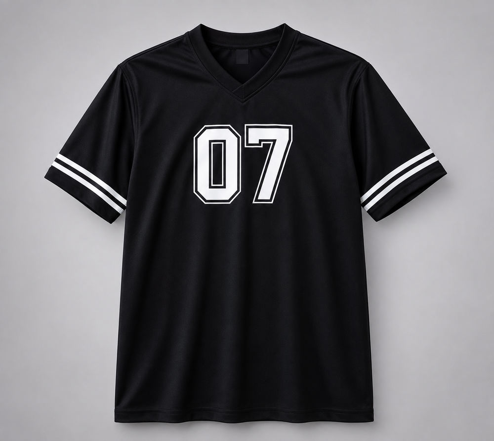 A black short-sleeve V-neck athletic jersey with white double stripes on the sleeves and a large white outlined '07' printed on the chest, shown against a neutral gray background.