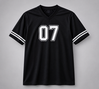 A black short-sleeve V-neck athletic jersey with white double stripes on the sleeves and a large white outlined '07' printed on the chest, shown against a neutral gray background.