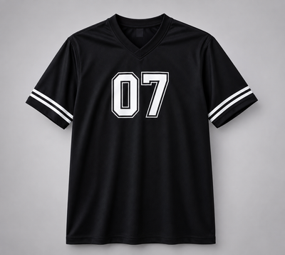 A black short-sleeve V-neck athletic jersey with white double stripes on the sleeves and a large white outlined '07' printed on the chest, shown against a neutral gray background.