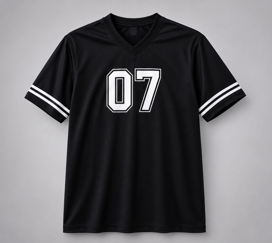 A black short-sleeve V-neck athletic jersey with white double stripes on the sleeves and a large white outlined '07' printed on the chest, shown against a neutral gray background.