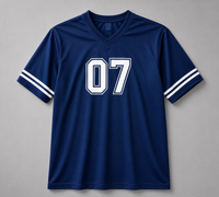 A navy blue short-sleeve V-neck athletic jersey with white stripes on the sleeves and a large white '07' printed on the chest, shown against a neutral gray background.