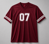 A maroon short-sleeve athletic jersey with a V-neck, featuring the number '07' in white with a black outline on the chest and white stripes on the sleeves, shown against a neutral gray background.