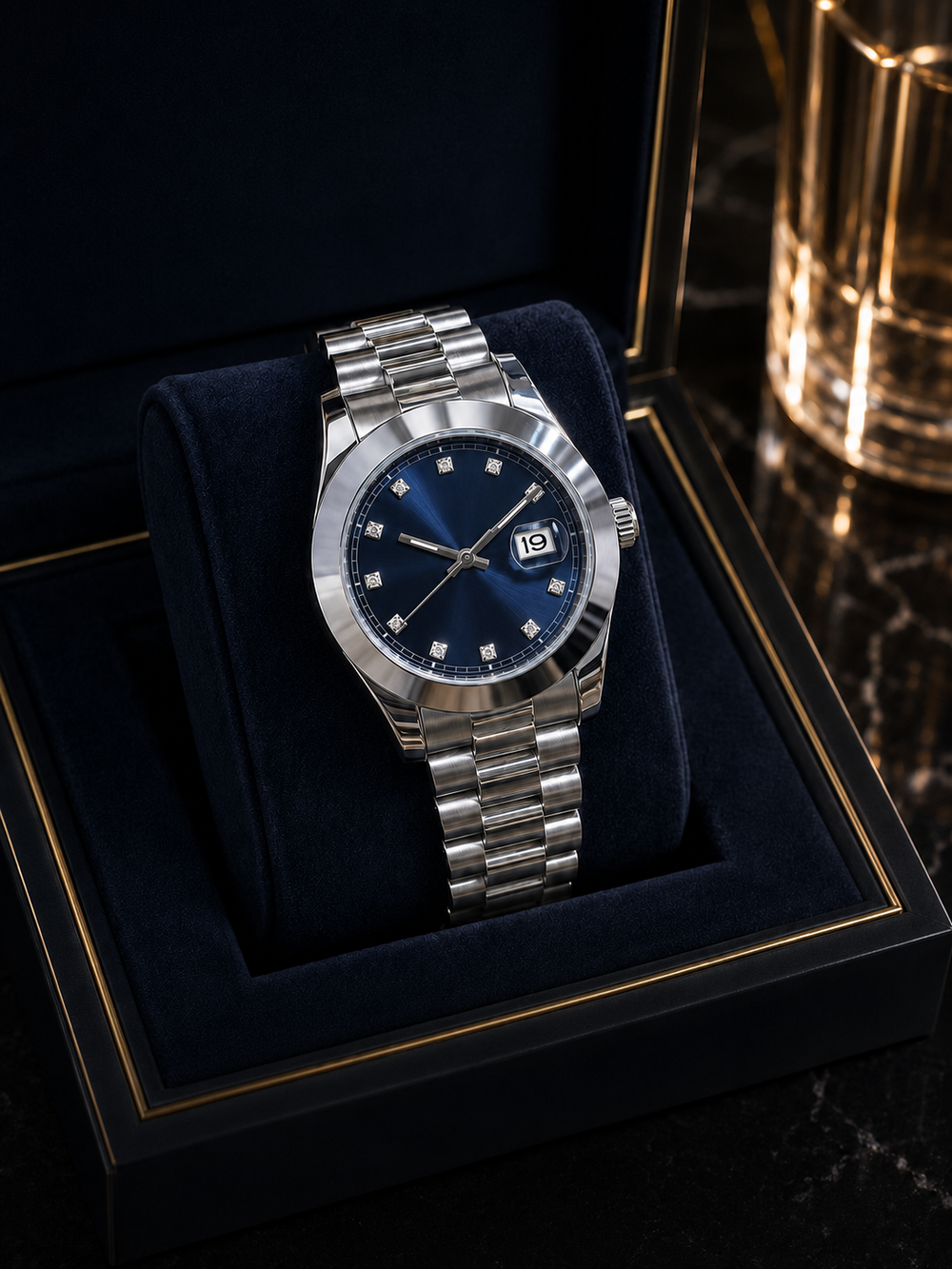 A stainless steel wristwatch with a deep blue dial and date window, presented in an open luxury watch box with a dark blue velvet cushion.