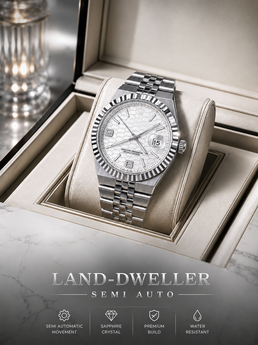 A silver stainless steel wristwatch with a fluted bezel and white textured dial, displayed inside an open beige watch box. The image includes a 'LAND-DWELLER SEMI AUTO' label and feature icons at the bottom.