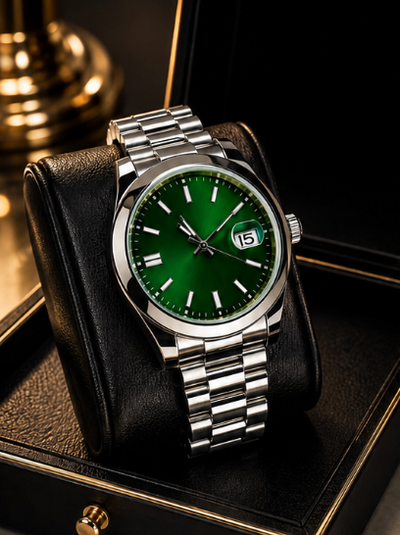 A silver stainless steel wristwatch with a vibrant green dial and a date window displaying '15', resting on a black leather watch cushion inside a black presentation box.