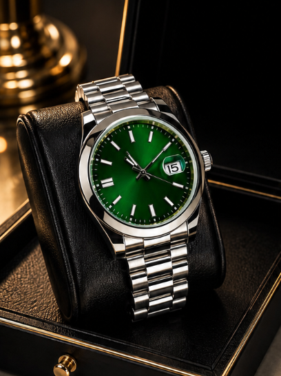 A silver stainless steel wristwatch with a vibrant green dial and a date window displaying '15', resting on a black leather watch cushion inside a black presentation box.