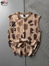 Brown sleeveless shirt with pattern on a textured surface