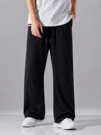 Men's Black Wide Leg Drawstring Trousers – Premium Relaxed Fit Casual Pants with Elastic Waist, Soft Comfortable Streetwear Bottoms for Everyday Wear, Travel and Lounge Style
