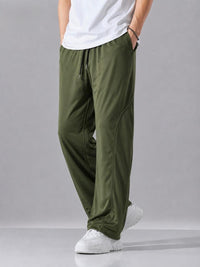 Men's premium olive green straight wide leg trousers, breathable casual drawstring pants perfect for gym, travel, daily wear and modern street style