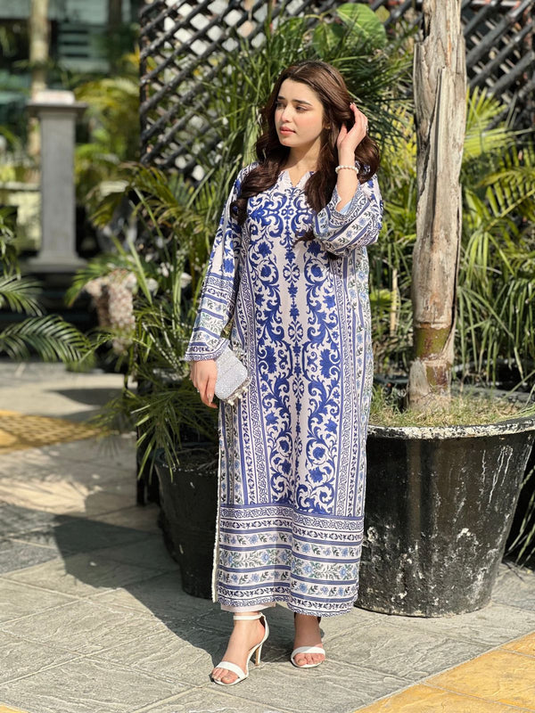 Royal Blue Baroque Printed Long Kurta