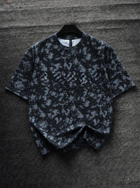 Men's black oversized abstract camouflage print T-shirt, premium crew neck streetwear tee with relaxed fit for casual everyday fashion by HUMRAAZ.