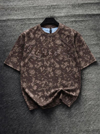 Men's brown oversized abstract camouflage print T-shirt, premium crew neck streetwear tee with relaxed fit for casual everyday fashion by HUMRAAZ.