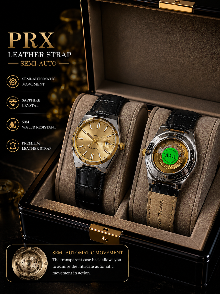 Two luxury wristwatches with black leather straps displayed inside an open black presentation box with gold accents. The watch on the left has a gold dial and silver case, while the watch on the right has a silver case with a transparent dial showing a green movement.