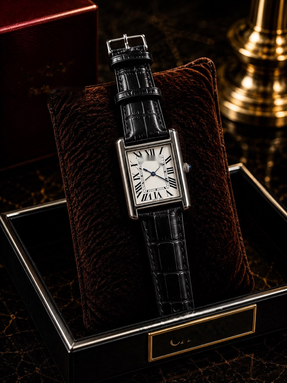 A luxury watch with a silver-toned rectangular case, white dial with black Roman numerals, and a black alligator leather strap, displayed on a dark brown velvet cushion inside a black presentation box.